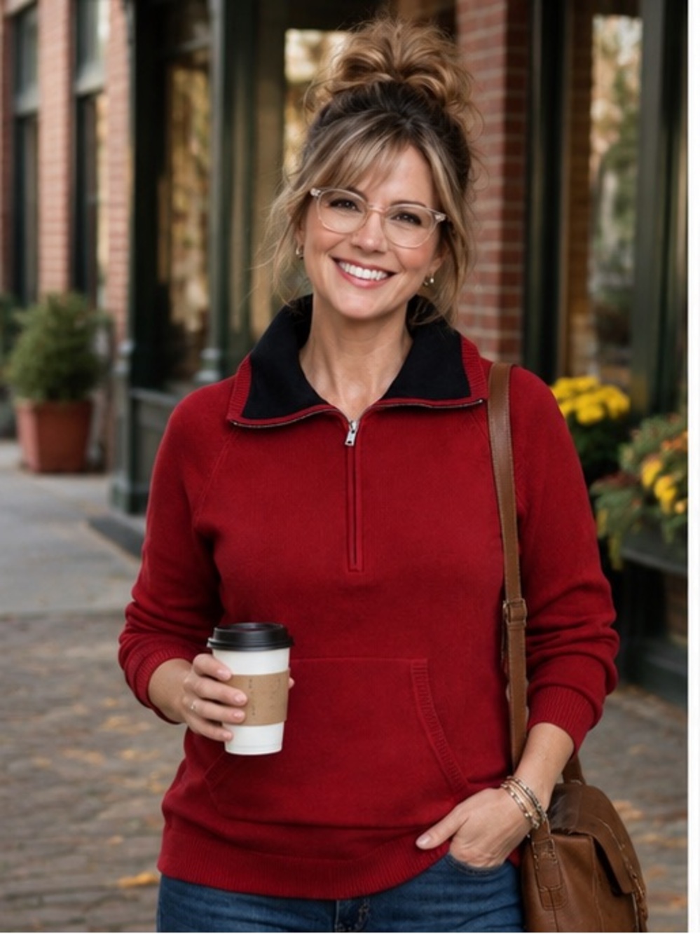 Old money Women’s Polo LRL Ralph Lauren Red 1/2 Zip Sweater w pouch 100% cotton